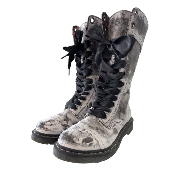 Dr Martens Triumph 1914 Boots Size 9 Combat Lace Up Black White Wash Leather - Picture 1 of 12